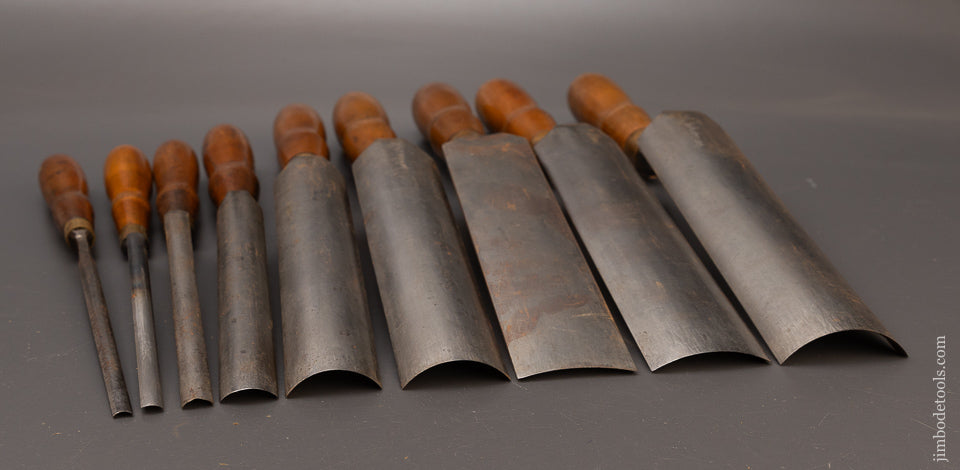 Fine Set of 9 Pattern Maker’s Crank Neck Paring Gouges by BUCK BROS. - 111497