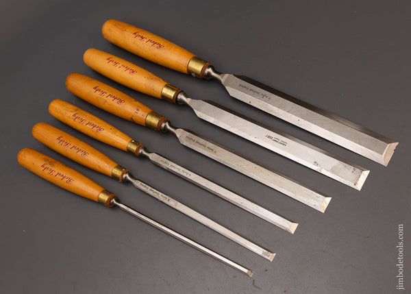 Beautiful Set of 6 Long Thin Boxwood Handled Paring Chisels by ROBT. SORBY - 111736