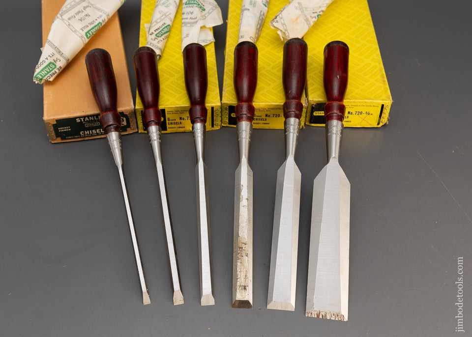 Mint in Box New Old Stock Set of 6 STANLEY No. 720 Socket Firmer Chisels in Boxes - 115277