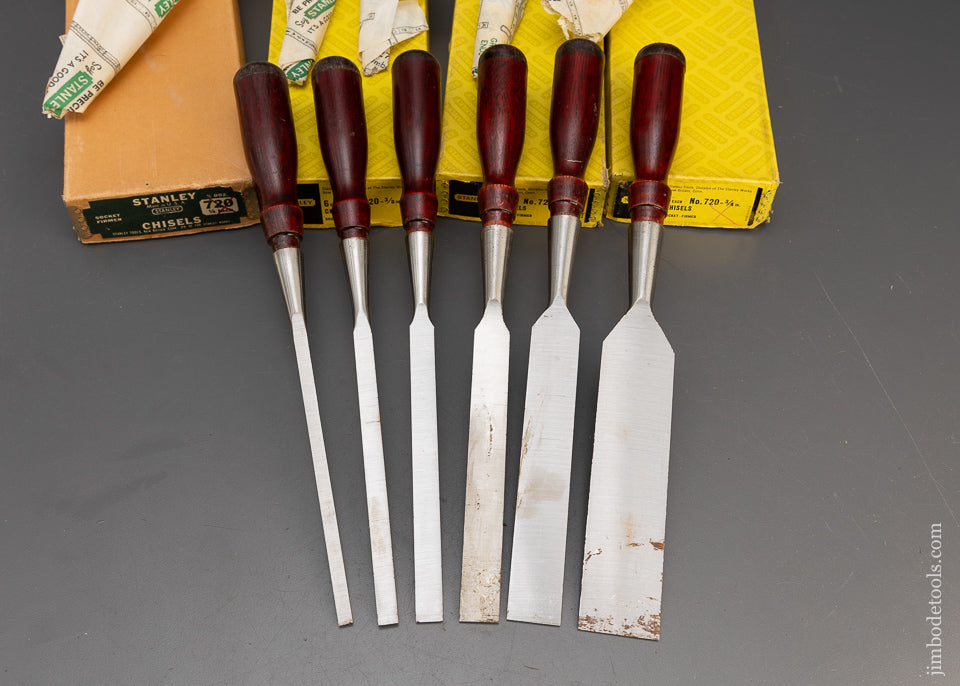 Mint in Box New Old Stock Set of 6 STANLEY No. 720 Socket Firmer Chisels in Boxes - 115277
