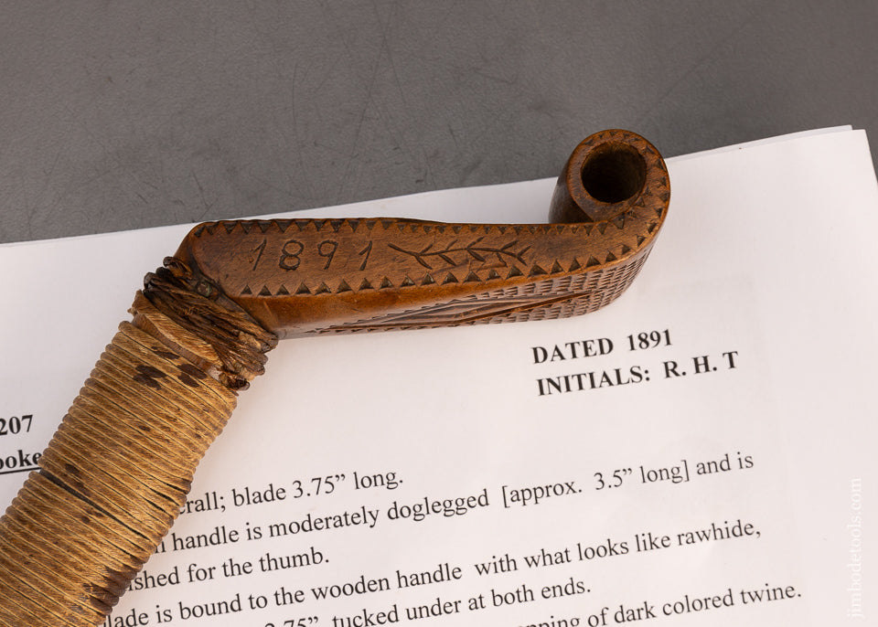 Beautiful Carved & DATED 1891 Native American Crooked Knife - 115544