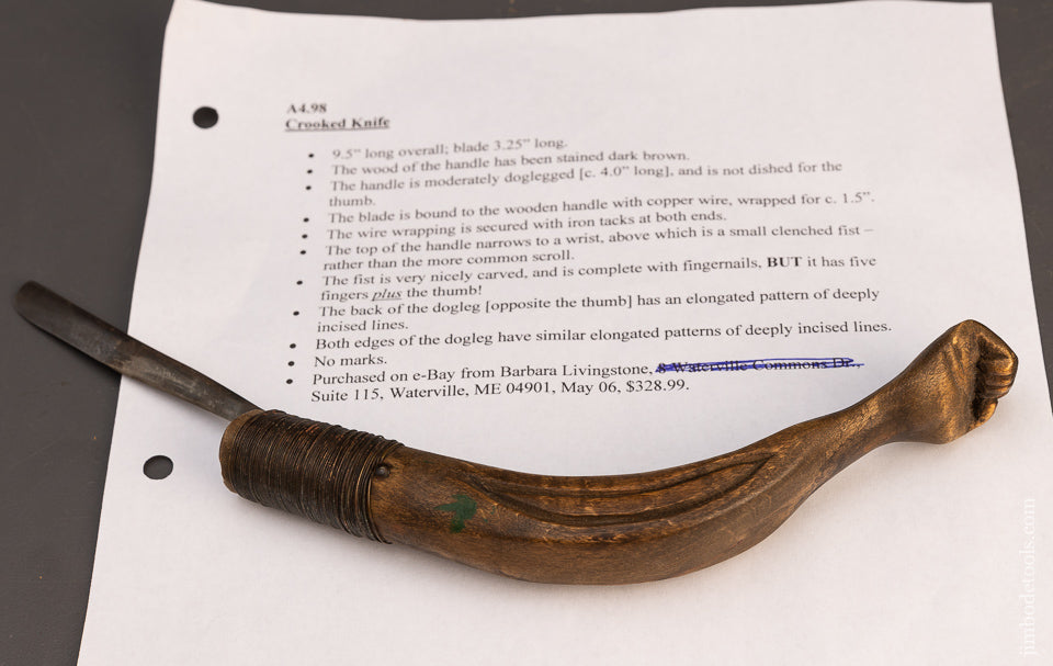 Hand Carved Clenched Fist Crooked Knife - 115584