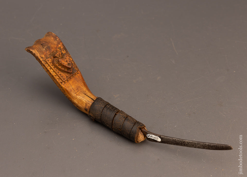 Really Special Hand Carved Native American Crooked Knife with Leather Winding - 115585