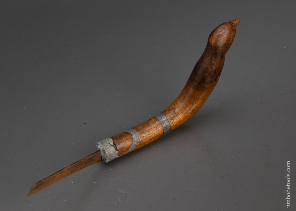 Spectacular Hand Carved Bird Crooked Knife with Pewter Inlay from Maine - 115668