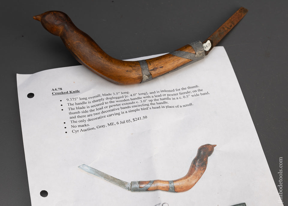 Spectacular Hand Carved Bird Crooked Knife with Pewter Inlay from Maine - 115668