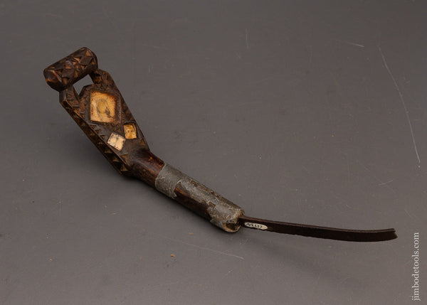 Beautiful Pewter Filled & Chip Carved Native American Crooked Knife Early - 115715