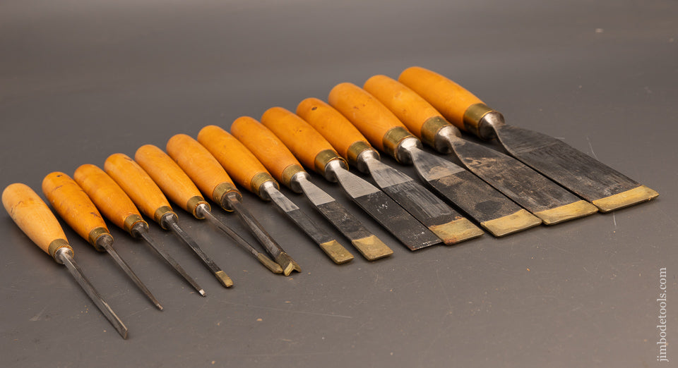 Mint Unused Set of 13 BRISTOL DESIGN SCHARWAECHTER Tang Firmer Chisels with Boxwood Handles Mint & Unused - 115889