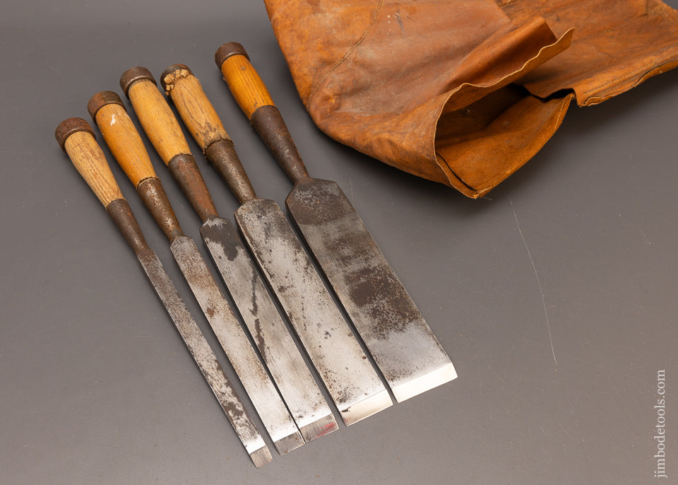 Amazing-Set-of-5-Heavy-Framing-Chisels-by-GREENLEE-in-Leather-Roll-117236
