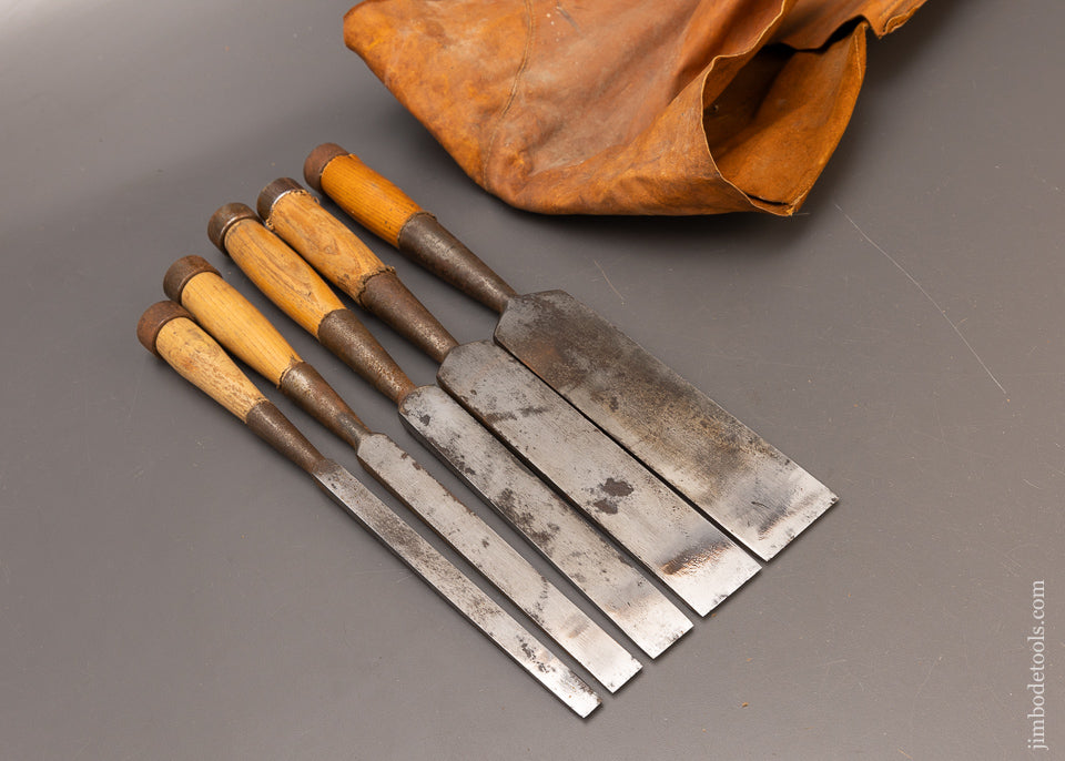 Amazing-Set-of-5-Heavy-Framing-Chisels-by-GREENLEE-in-Leather-Roll-117236