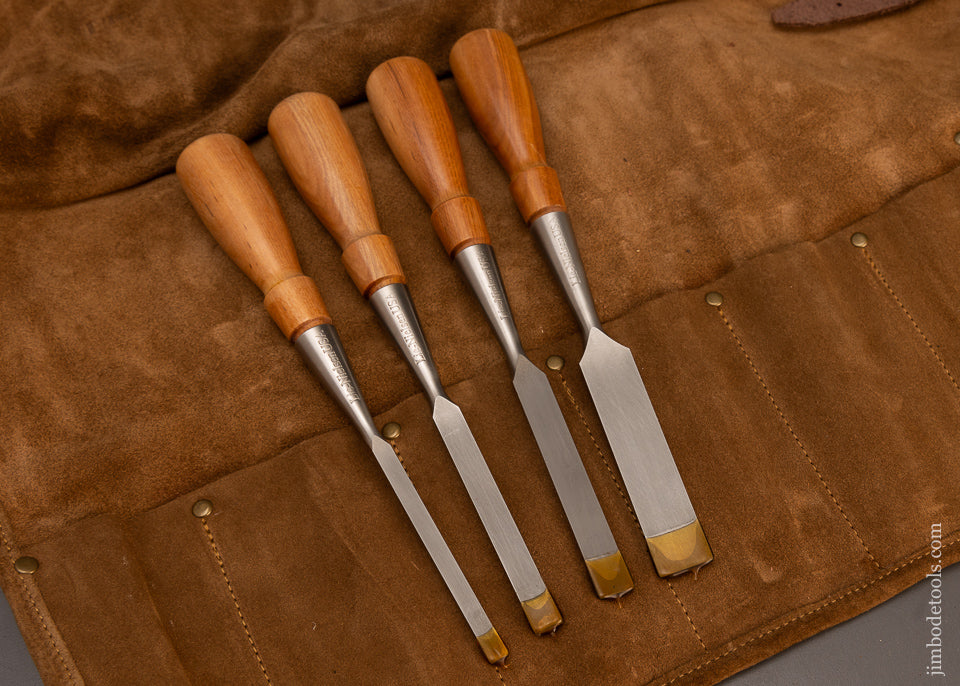 Mint-Set-of-4-LIE-NIELSEN-Bevel-Edge-Chisels-in-Leather-Roll-118115