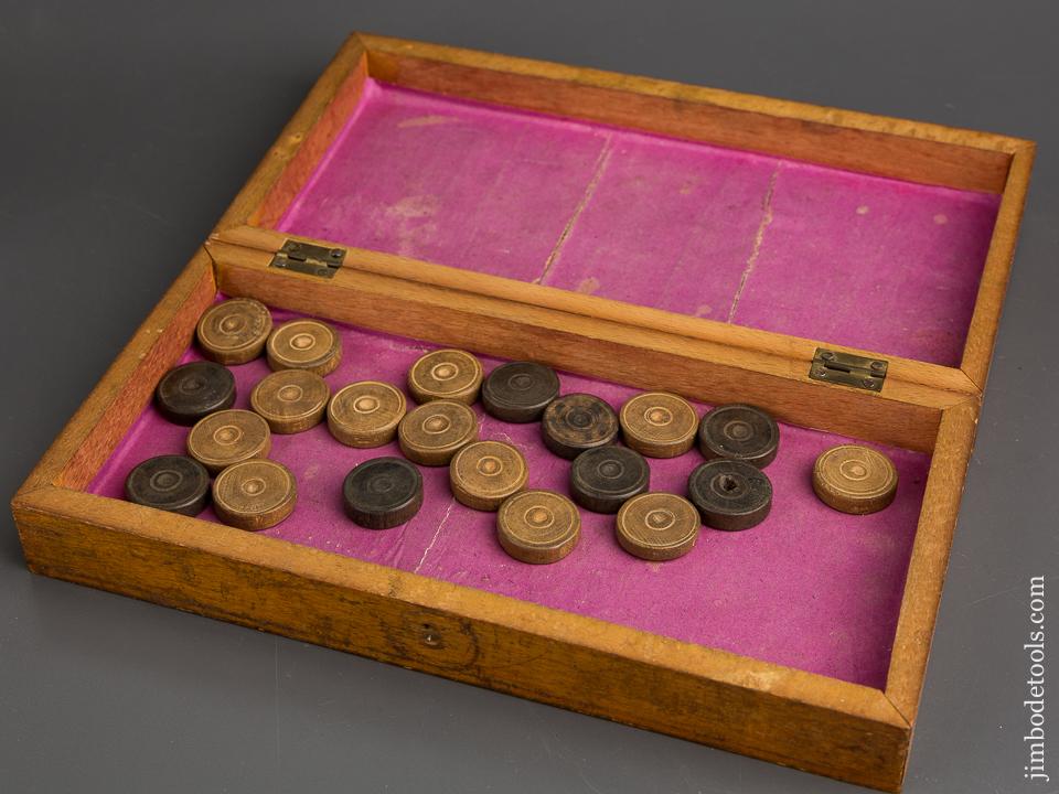 Early Antique Inlaid Game Board Box with 21 Antique Checkers - 83877R