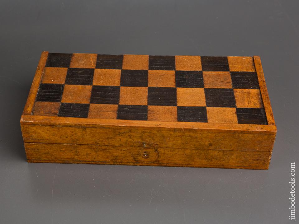 Early Antique Inlaid Game Board Box with 21 Antique Checkers - 83877R