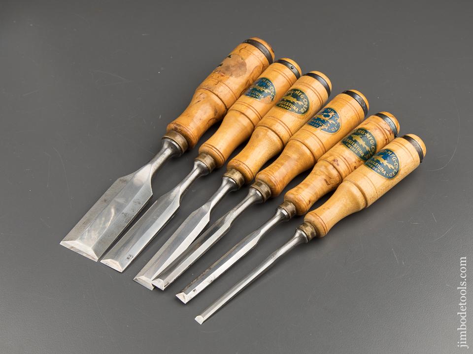 E.A. BERG ESKILSTUNA No. 9192 Wood Chisel Set of Six in Original Wooden Box with Decals - 88126