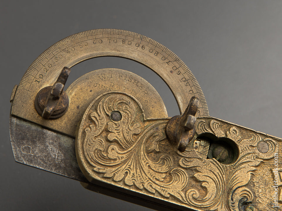 Ornate and Amazing 1868 FISHER PATENT Bevel Square Protractor Level by DISSTON & MORSS TOOL WORKS - 88739R