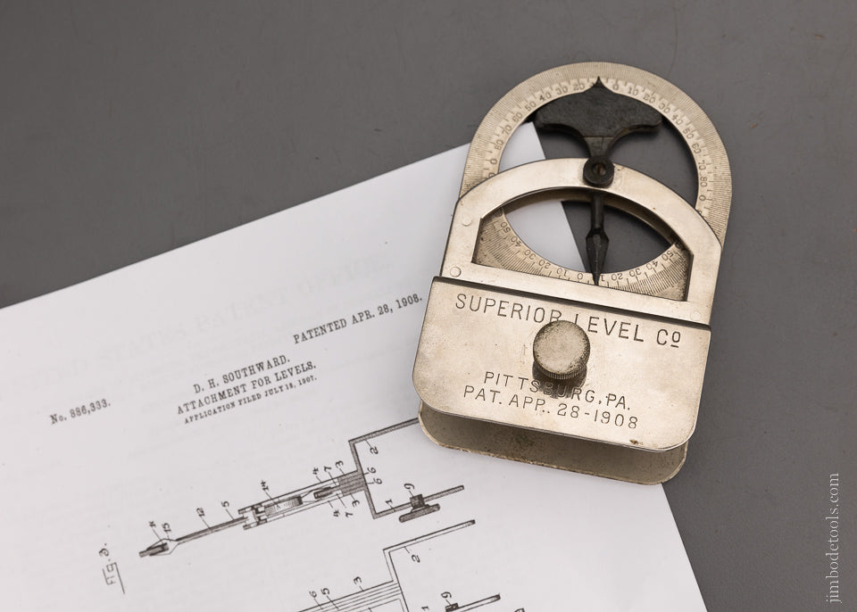 Rare One of Two Known Patented 1908 Inclinometer Level SUPERIOR LEVEL CO. Pittsburg, PA Southward Patent - EXCELSIOR 104458