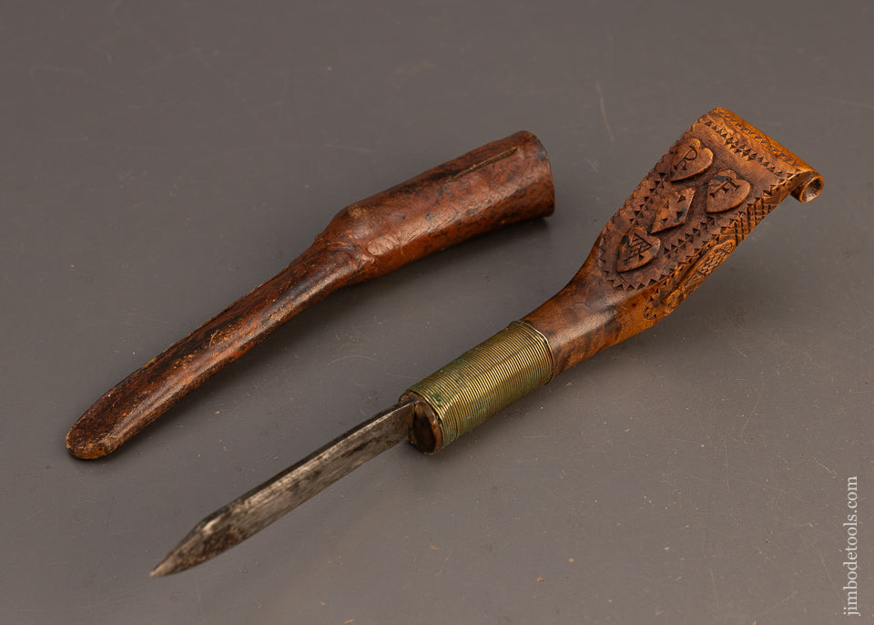Stunning Hand Carved Native American Crooked Knife with Hearts & Snow Shoes & Sheath - EXCELSIOR 115712
