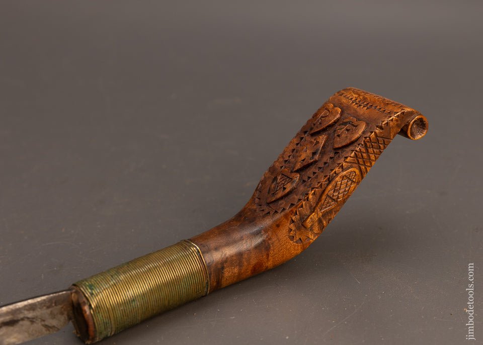 Stunning Hand Carved Native American Crooked Knife with Hearts & Snow Shoes & Sheath - EXCELSIOR 115712