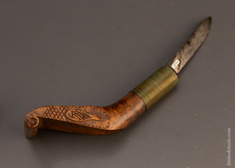 Stunning Hand Carved Native American Crooked Knife with Hearts & Snow Shoes & Sheath - EXCELSIOR 115712