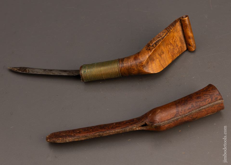 Stunning Hand Carved Native American Crooked Knife with Hearts & Snow Shoes & Sheath - EXCELSIOR 115712