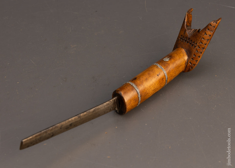 Gorgeous Pewter Ringed Hand Carved Native American Crooked Knife - EXCELSIOR 115773