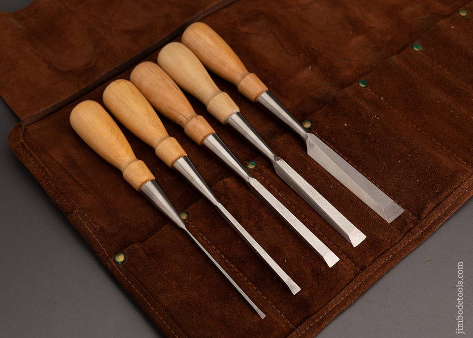 Mint Set of 5 LIE NIELSEN Bevel Edge Bench Chisels in Leather Roll - 103834