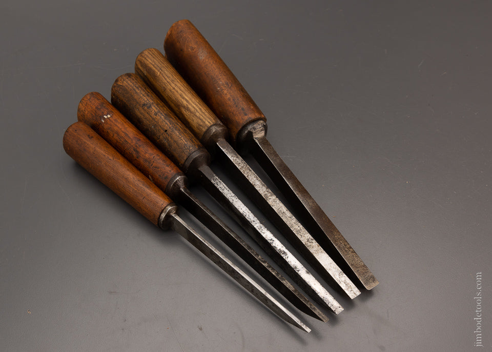 Graduated Set of 5 Pig Sticker Mortise Chisels Assorted Makers - 104451