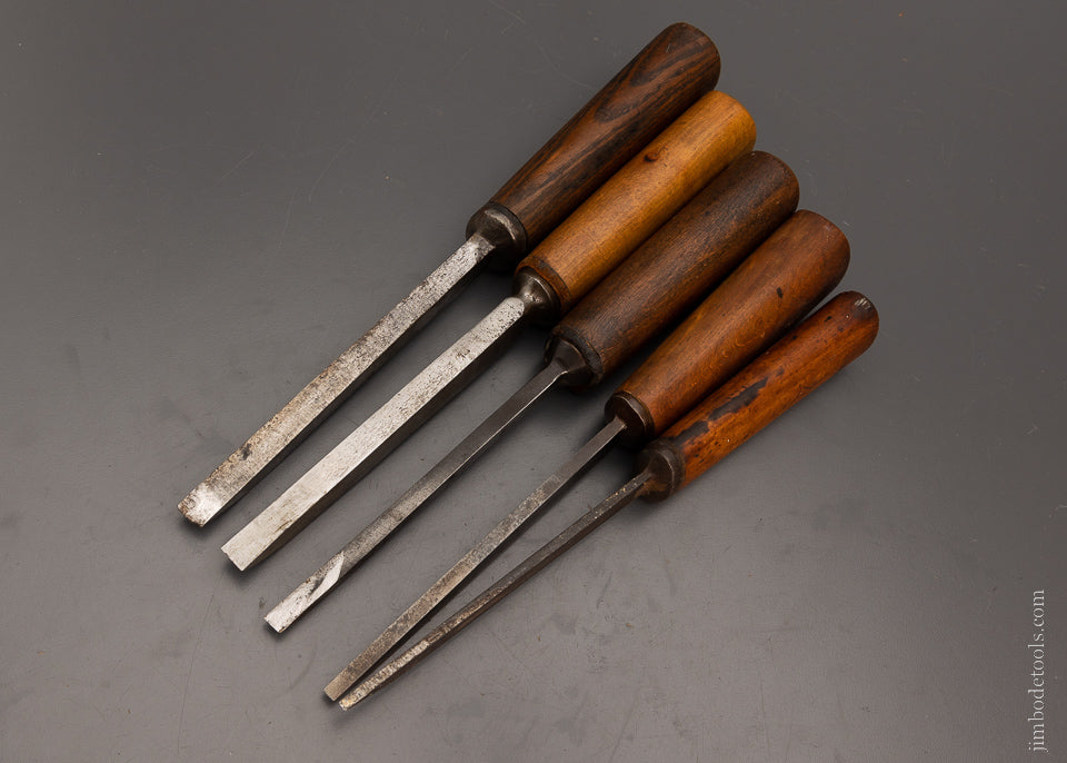 Graduated Set of 5 Pig Sticker Mortise Chisels Assorted Makers - 104581