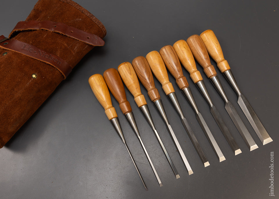 Dead Mint Set of 9 LIE NIELSEN Bevel Edge Socket Chisels in Original Leather Roll - 109432
