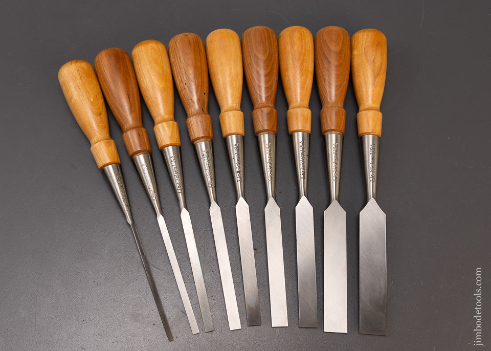 Dead Mint Set of 9 LIE NIELSEN Bevel Edge Socket Chisels in Original Leather Roll - 109432