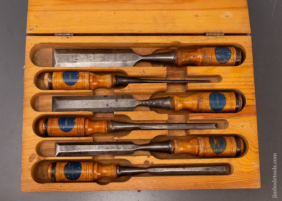 E. A. BERG ESKILSTUNA SHARK BRAND Six Piece Socket Chisel Set in Original Wooden Case - 109905