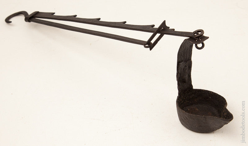Stunning 18th Century Whale Oil Crusie Lamp or Betty Lamp with Exquisite Iron Trammel