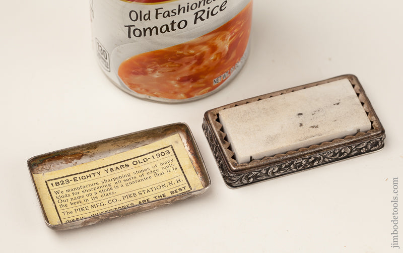 Rare! PIKE 1823-1903 Miniature White Washita Stone in Ornate Silver Case with Label - 68854U