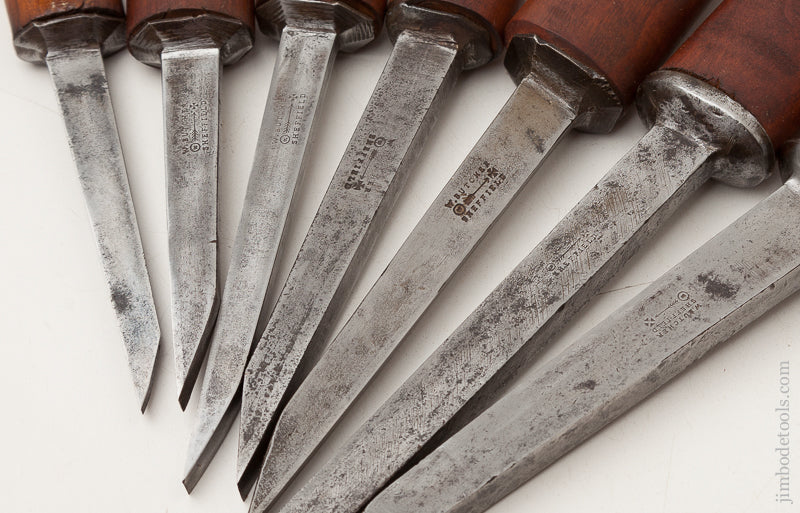 Great Working Set of Seven Pig Sticker Mortise Chisels by W. BUTCHER circa 1799-1900 - 72264