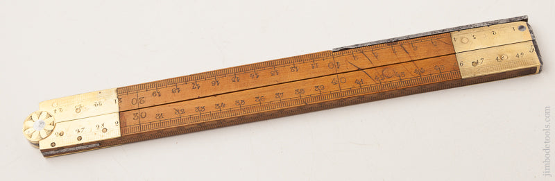 18th Century Hand Stamped 50cm French Boxwood and Brass Rule with Folding Steel Hook End - 72487U