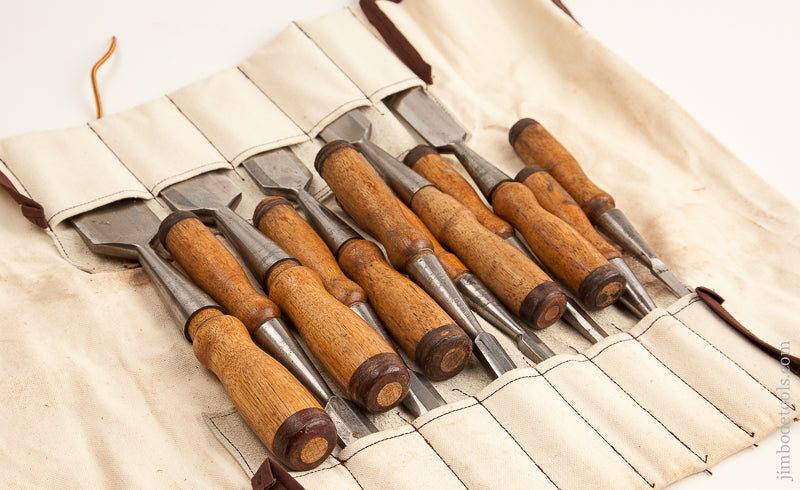 Great NEAR MINT Set of Twelve UNION Socket Firmer Chisels in Roll -- 73709