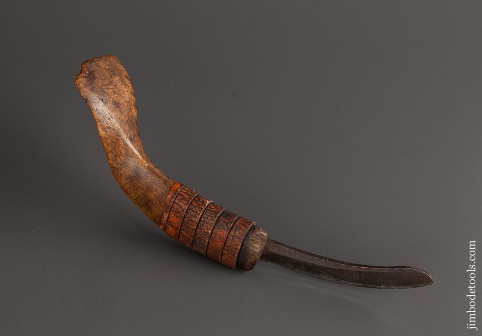 Early 9 inch Burl Crooked Knife with Leather Wrap - 77917U