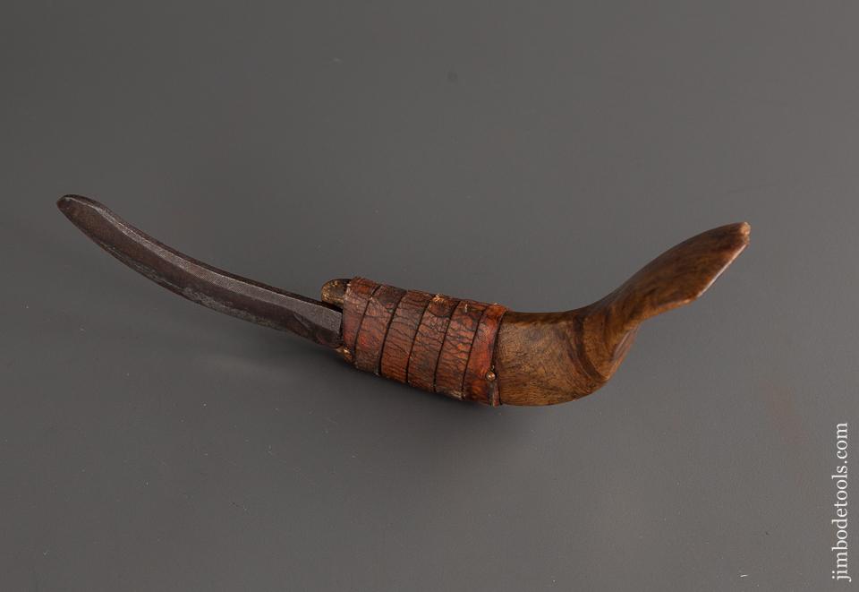 Early 9 inch Burl Crooked Knife with Leather Wrap - 77917U