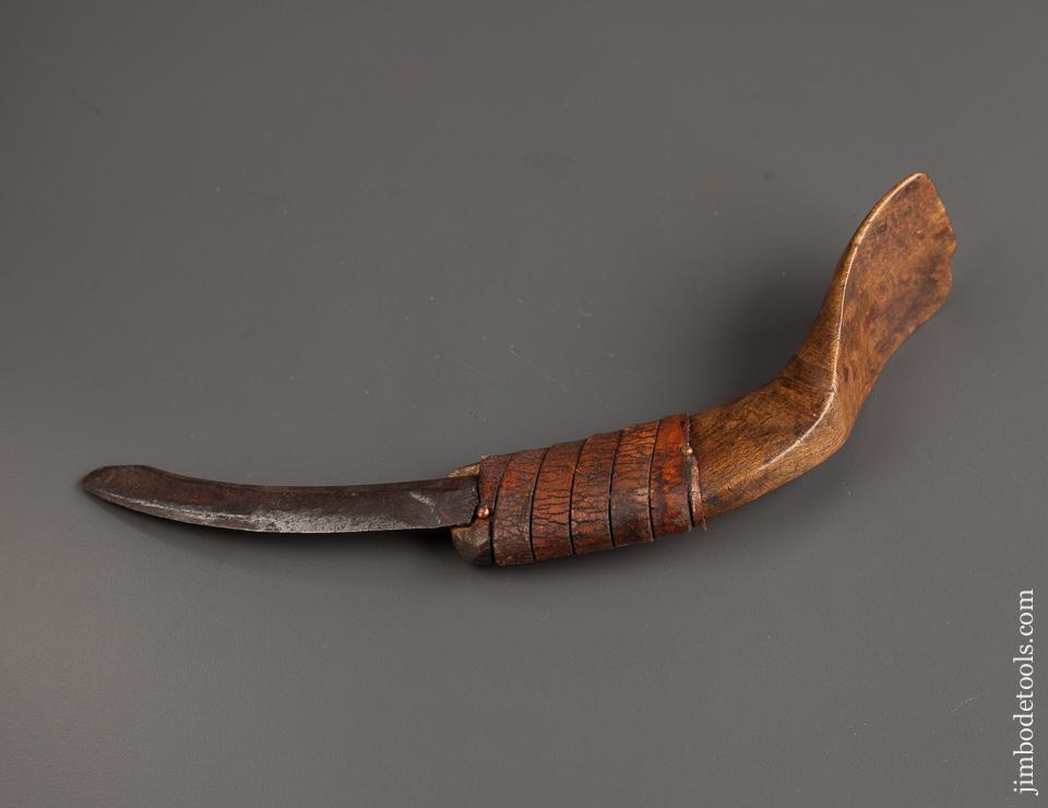 Early 9 inch Burl Crooked Knife with Leather Wrap - 77917U