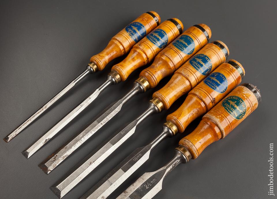 NEAR MINT Set of Six E.A. BERG ESKILSTUNA Tang Bench Chisels BARELY USED with Decals - 78004