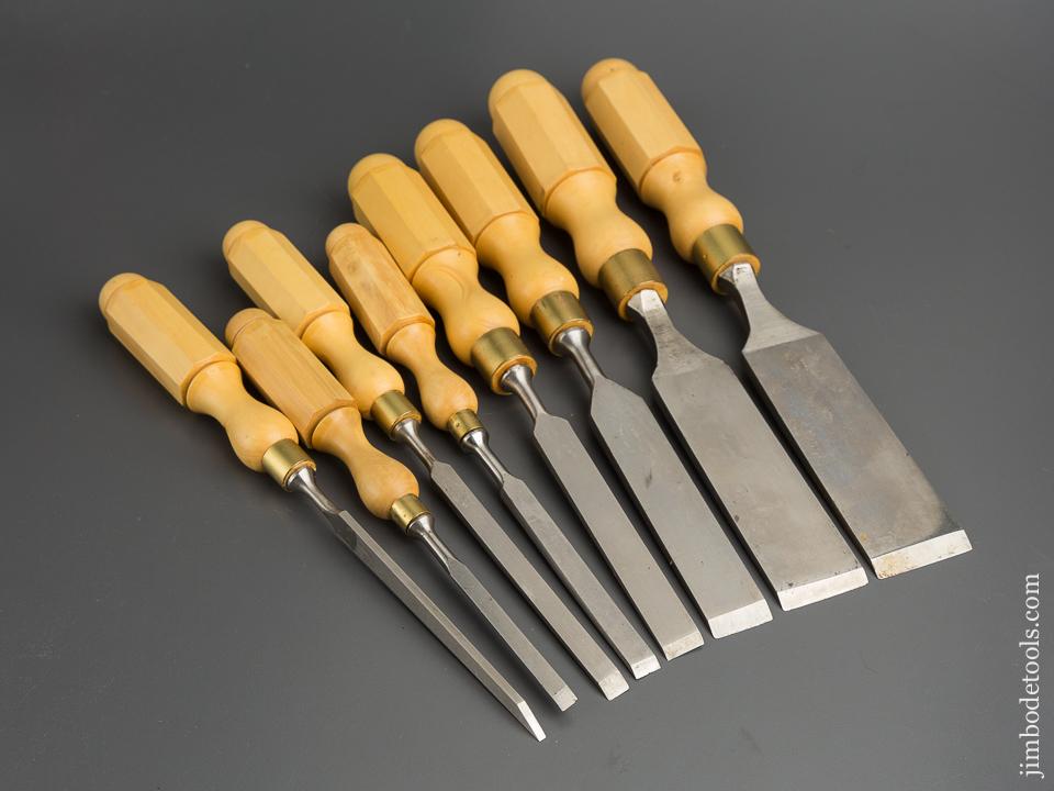 NEW OLD STOCK Set of Eight JAMES SWAN Tang Firmer Chisels with London Boxwood Handles ALL UNUSED! - 79791