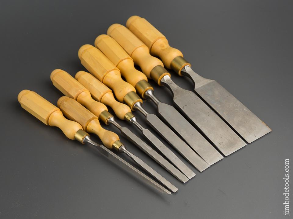 NEW OLD STOCK Set of Eight JAMES SWAN Tang Firmer Chisels with London Boxwood Handles ALL UNUSED! - 79791