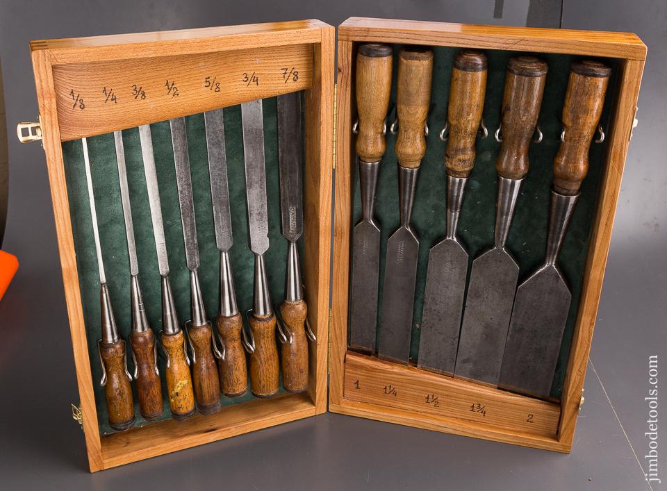 Awesome COMPLETE Set of Twelve T.H. WITHERBY Square Edge Socket Firmer Chisels in Custom Box -  86190