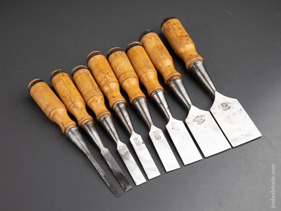 Great Set of Eight E.A. BERG ESKILSTUNA SHARK Brand Chisels with Labels - 91094