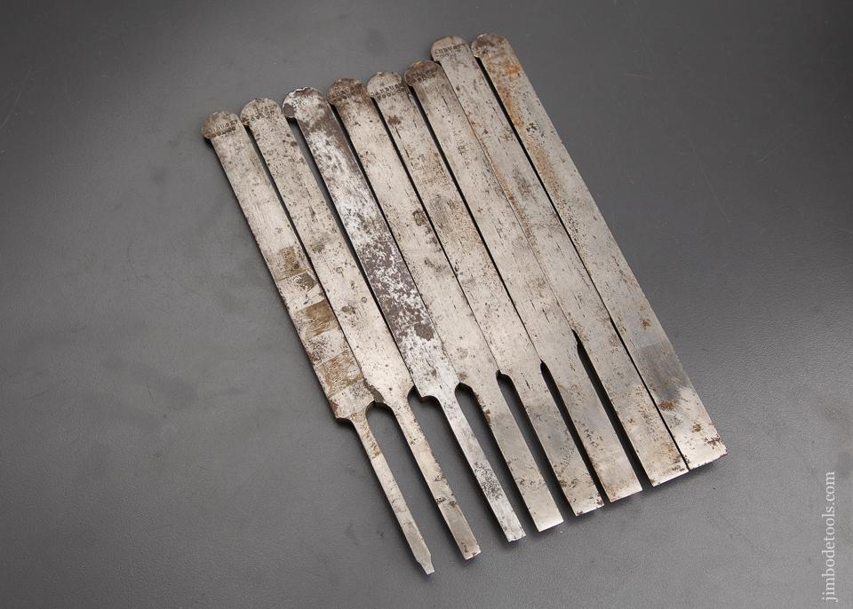 Graduated Set of Eight SANDUSKY Plow Plane Irons for Center Wheel Plough Plan - 92883