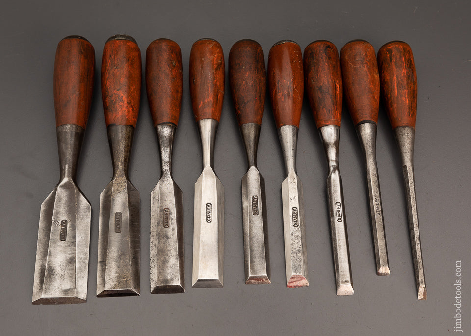 Very Rare Graduated Set of 9 STANLEY No. 1005 Composite Wood Grain Everlasting Chisels - 102277