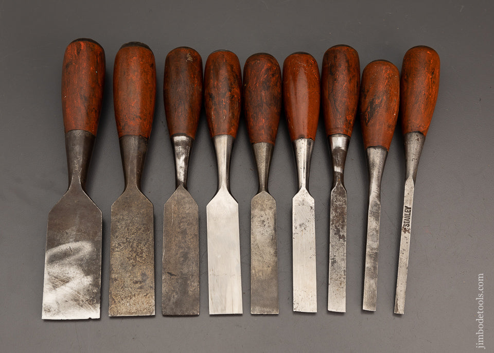 Very Rare Graduated Set of 9 STANLEY No. 1005 Composite Wood Grain Everlasting Chisels - 102277
