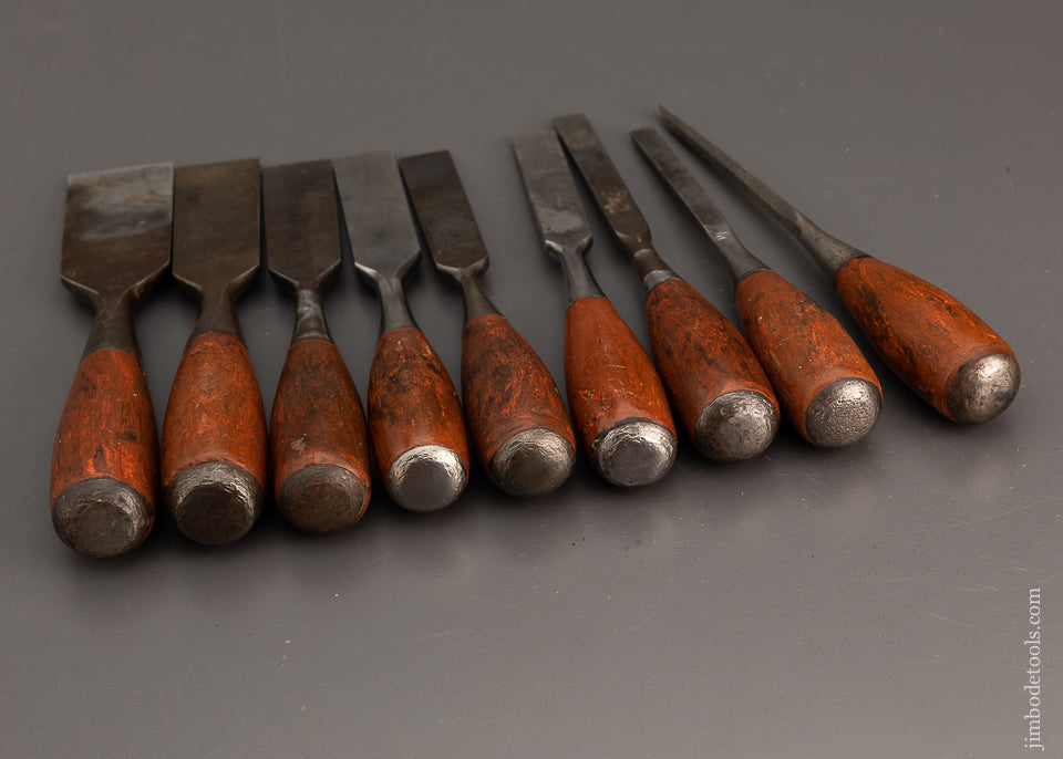 Very Rare Graduated Set of 9 STANLEY No. 1005 Composite Wood Grain Everlasting Chisels - 102277