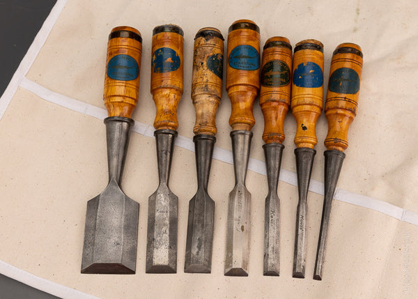 Set of 7 E.A. BERG Butt Chisels in Canvas Roll - 105405