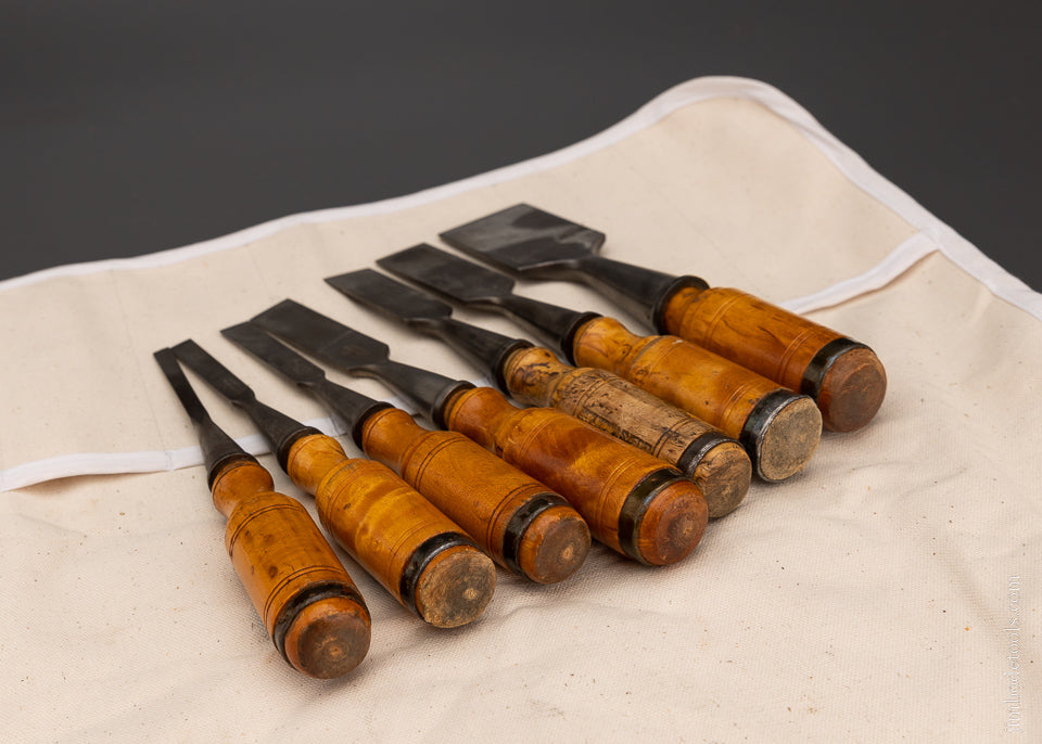 Set of 7 E.A. BERG Butt Chisels in Canvas Roll - 105405