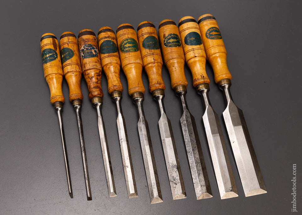 Amazing Set of 9 E.A. BERG ESKILSTUNA Bevel Edge Tang Chisels with Decals - 107991